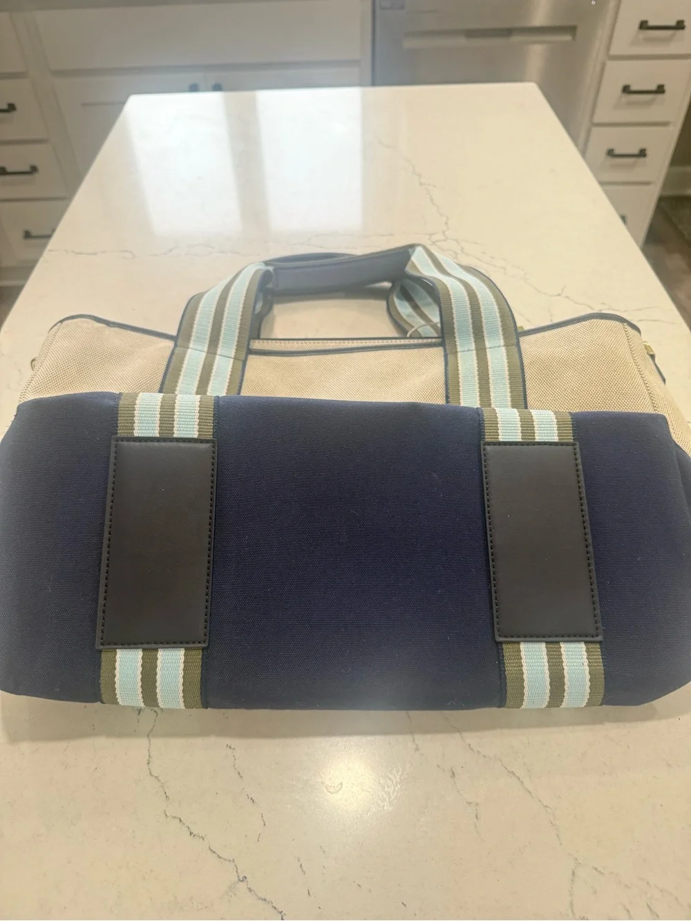 Paravel Medium Cabana Tote Cream Blue Canvas Stripe Travel Beach Market  NWT